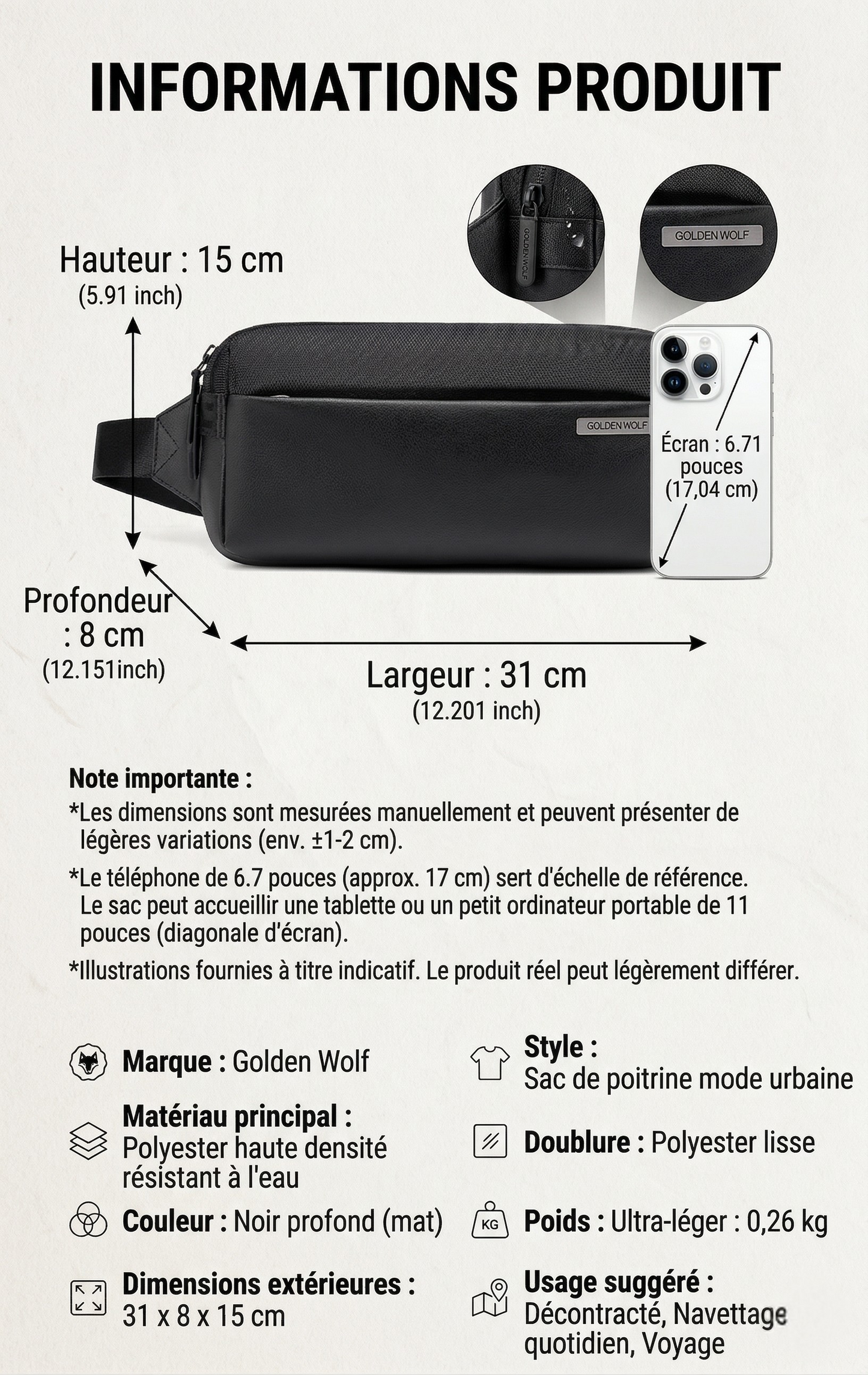 Sac Bandoulière Premium Golden Wolf GXB – Antivol & Imperméable